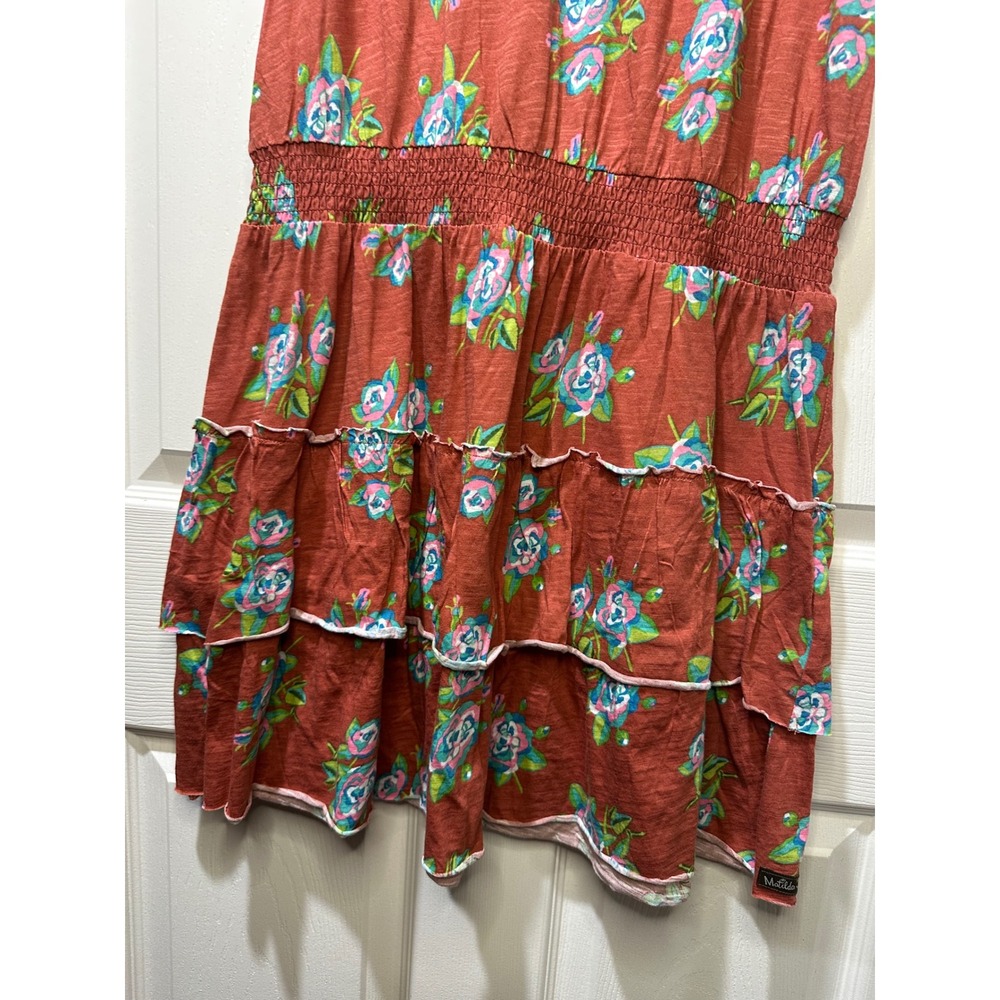 Matilda Jane Floral Tiered Dress Rust Pink Blue Bloom Short Sleeve V‎ Neck M - Picture 6 of 6